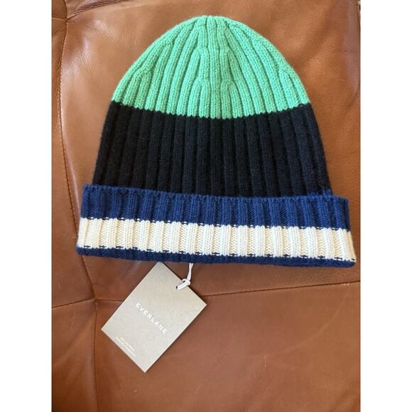 NWT EVERLANE Beanie Hat Unisex Cashmere Wool Striped Winter Green Blue White OS - Picture 3 of 5